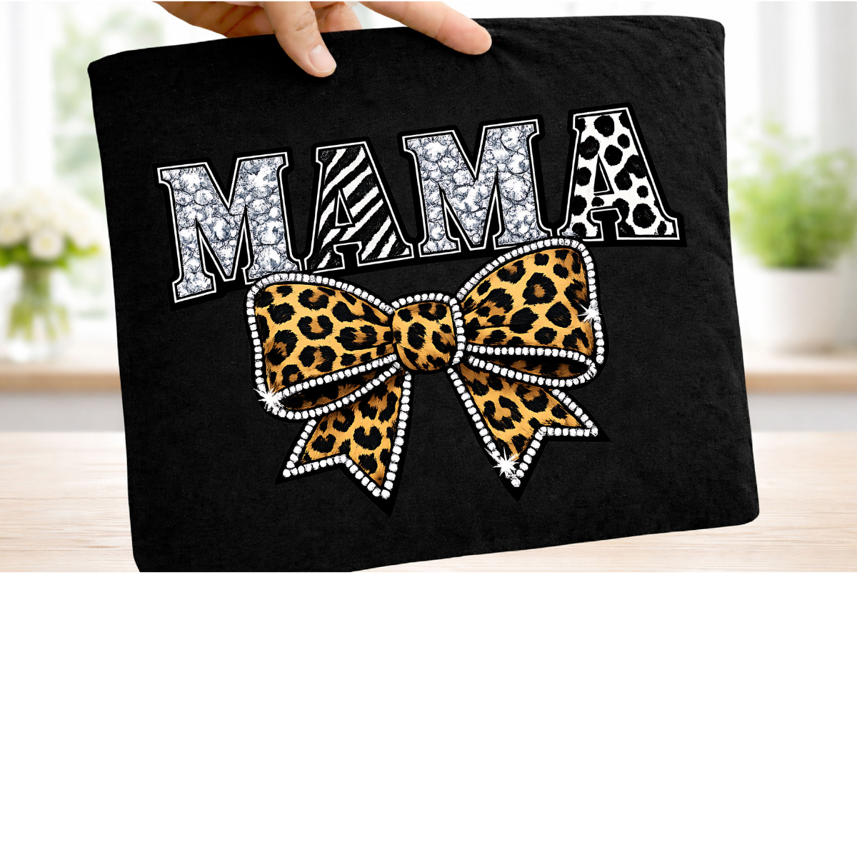 Black & White Mama Leopard Bow Graphic Tee – Trendy Boutique Mom Shirt