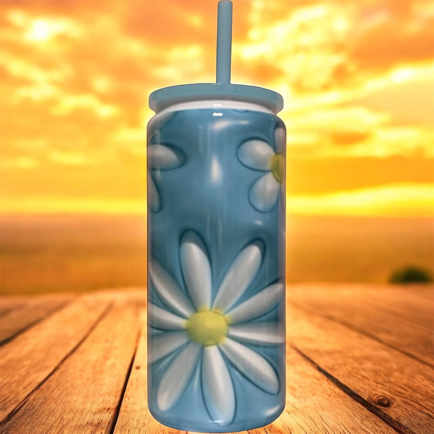 Blue Daisy Beer Can Stainless Steel – 20 oz Floral Aesthetic Tumbler with Lid & Straw