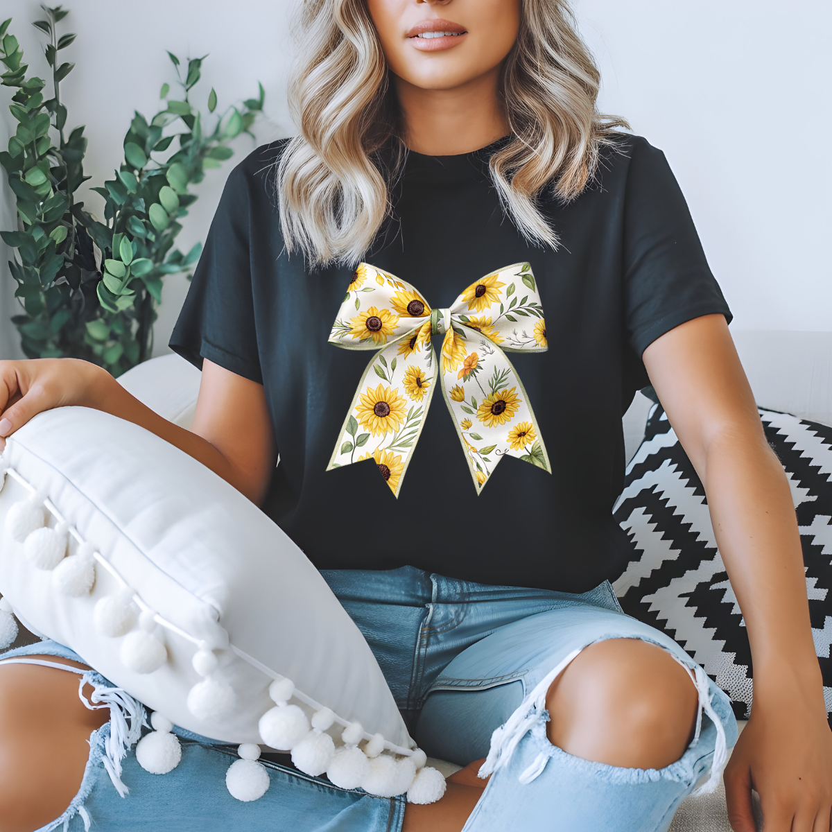 Sunflower Bow Graphic Tee – Cute Floral Summer Shirt for Women