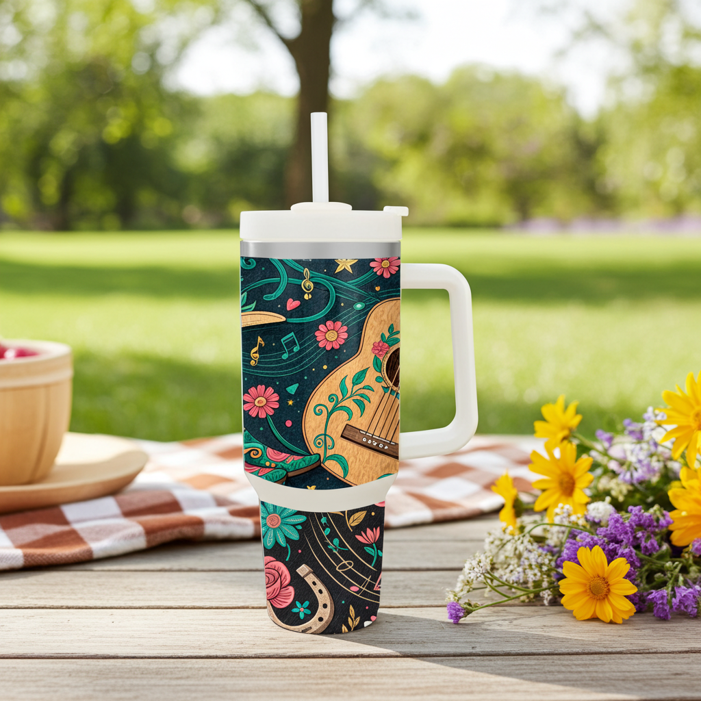Floral Guitar Music Tumbler with Handle – Where Music Blooms