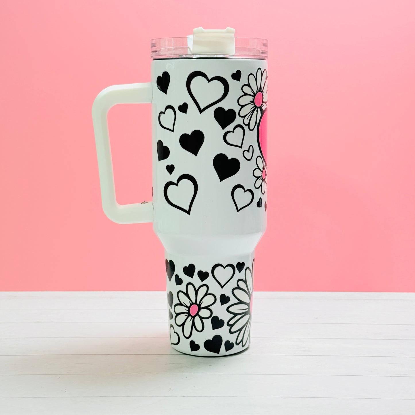 40oz Stainless Steel Tumbler with Handle – UVDTF Wrap with Black, White & Pink Heart and Flowers