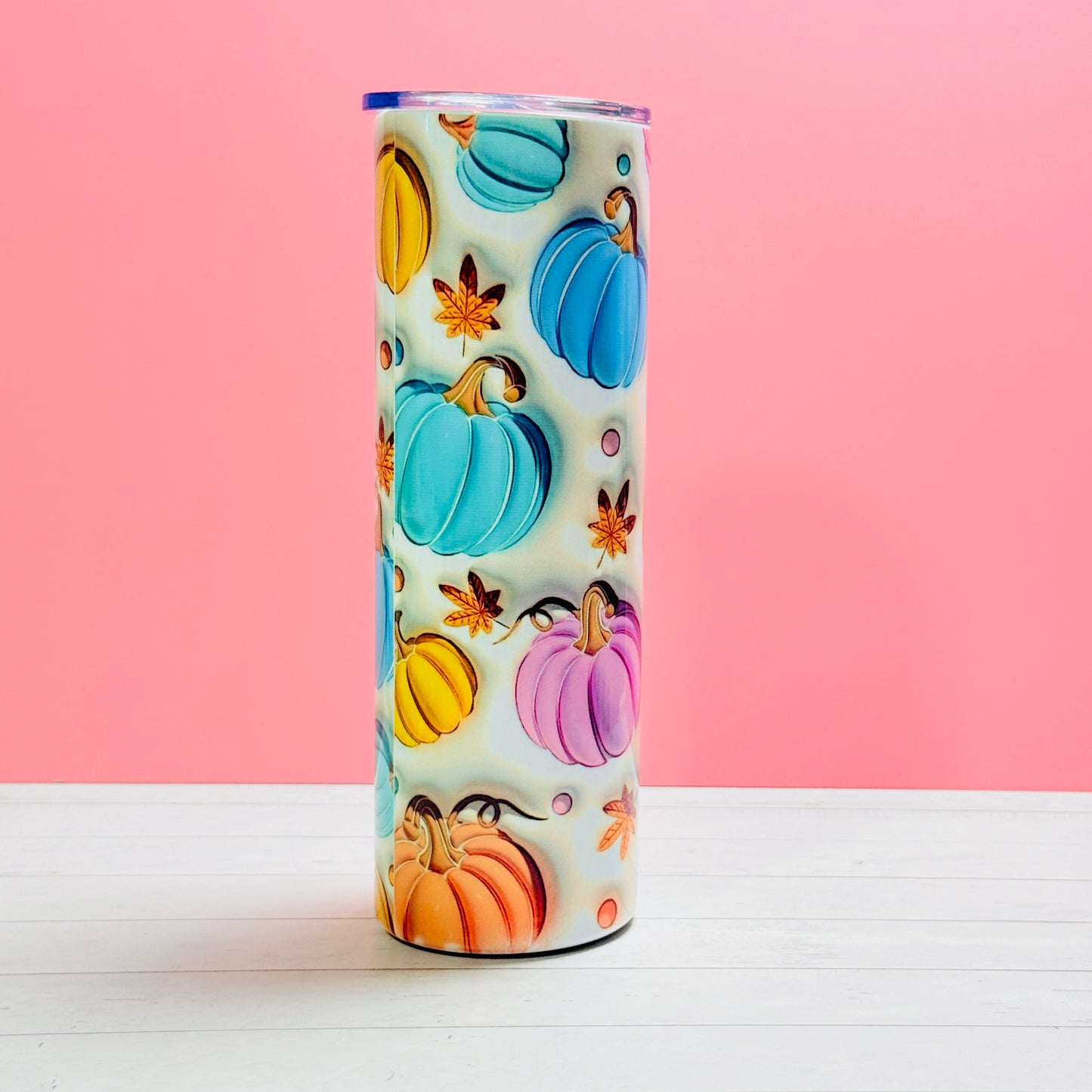 30oz Stainless Steel Sublimated Tumbler – 3D Pumpkin Full Wrap in Blue, Orange, Yellow & Pink