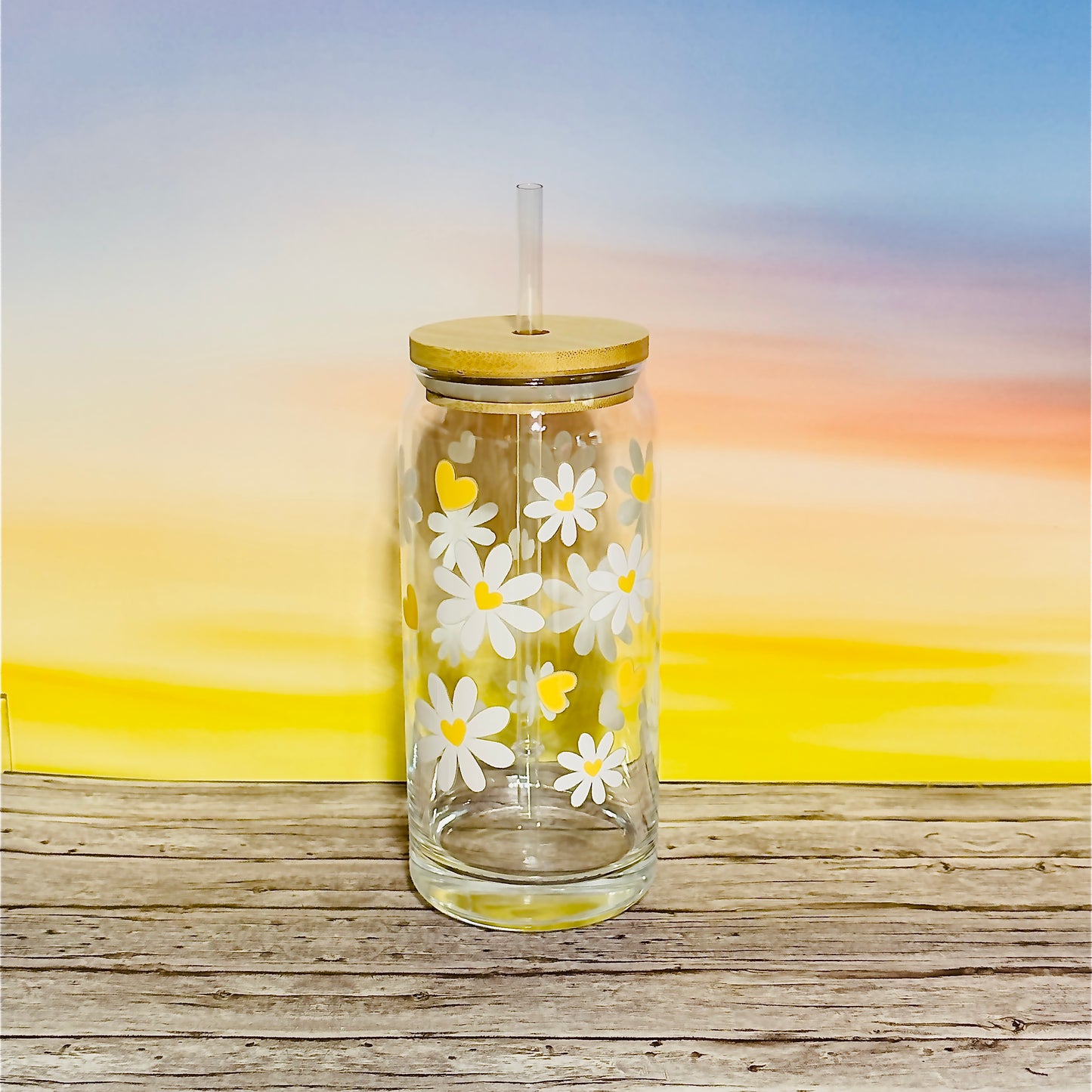 β¨ 20oz Glass Beer Can Tumbler β White Flowers with Yellow Hearts β¨