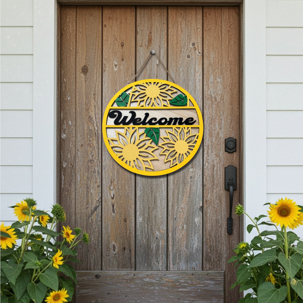 Sunflower Welcome Door Sign | Handmade Wooden Round Entryway Decor | Farmhouse Home & Porch Accent