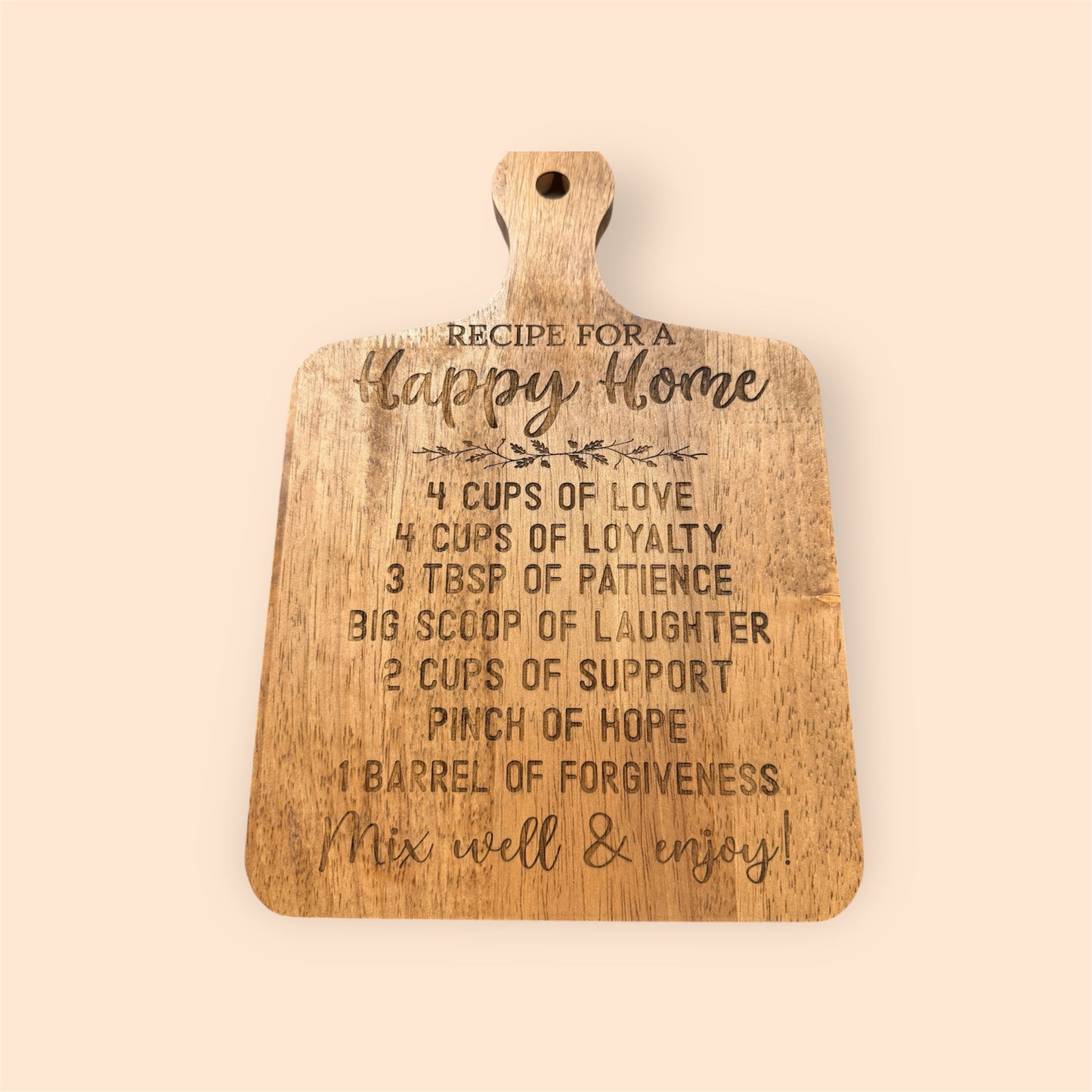 Recipe for a Happy Home Wooden Cutting Board Sign | Engraved Farmhouse Kitchen Decor | Meaningful Housewarming Gift