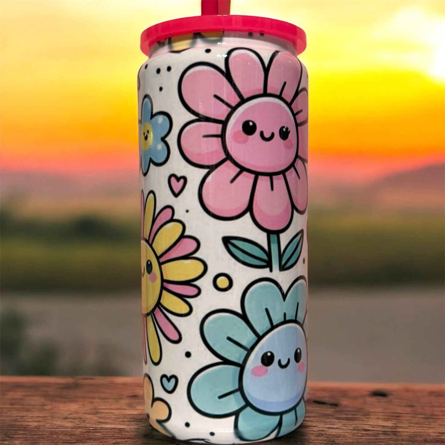 Retro Happy Face Flower Tumbler – 20oz Stainless Steel Beer Can Tumbler
