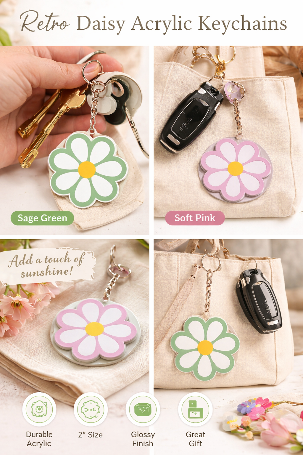 Retro Daisy Acrylic Keychain | Cute Floral Keychain | Personalized Gift | Trendy Bag Charm