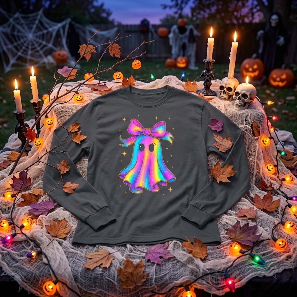 "Float into Fun! π» Embrace the Rainbow Iridescent Ghost Sweatshirt!"