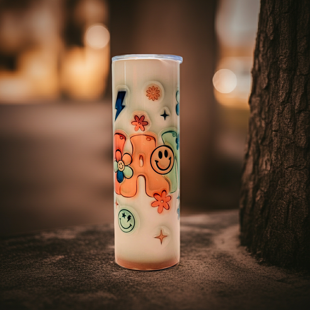 30oz Stainless Steel Sublimated MAMA Tumbler with Retro Smiley Faces, Flowers & Stars