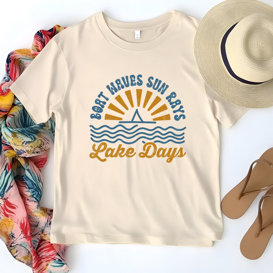 Boat Waves Sun Rays Lake Days Graphic Tee – Retro Lake Life Summer Shirt