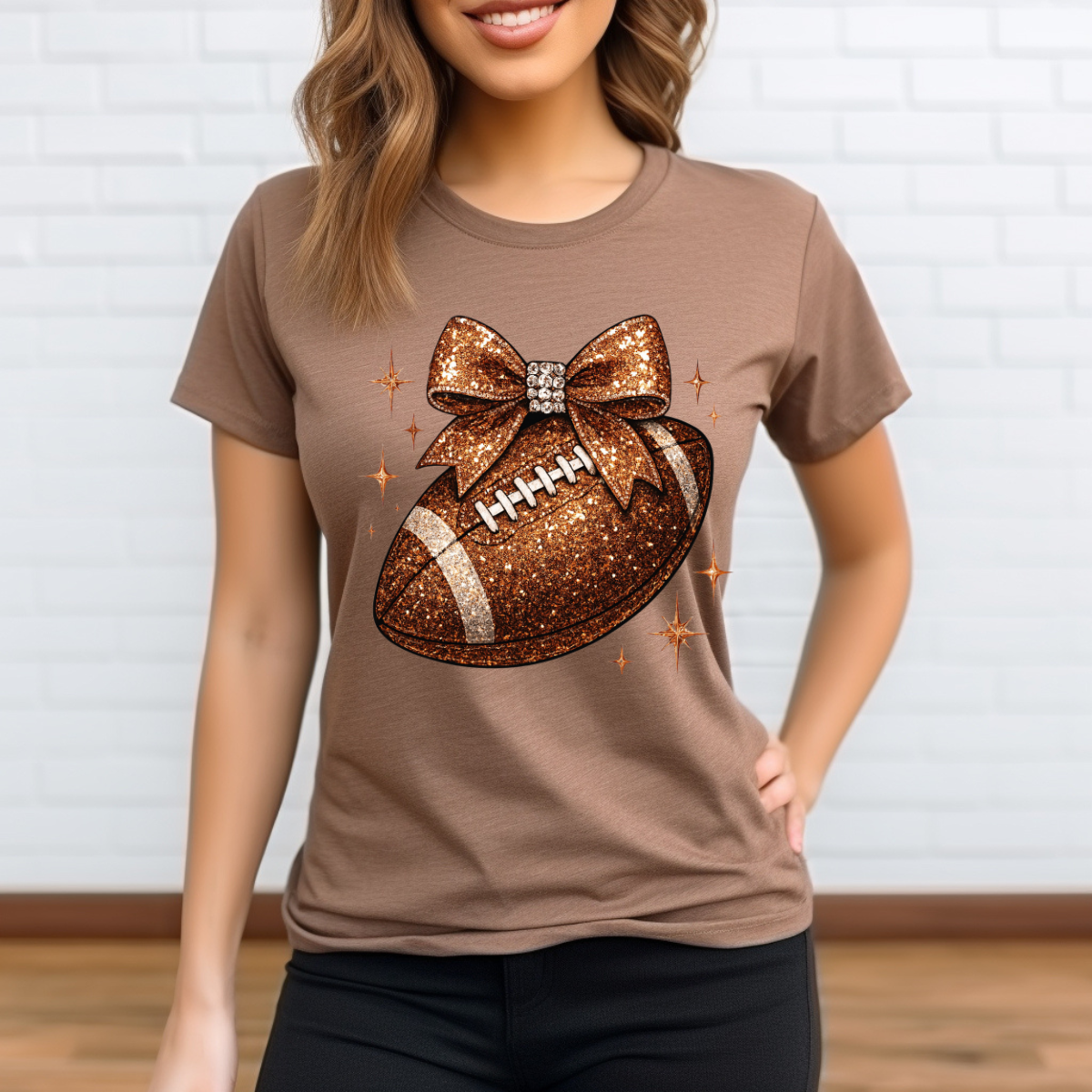 Glitter Football Bow Graphic Tee – Cute Game Day Shirt for Women