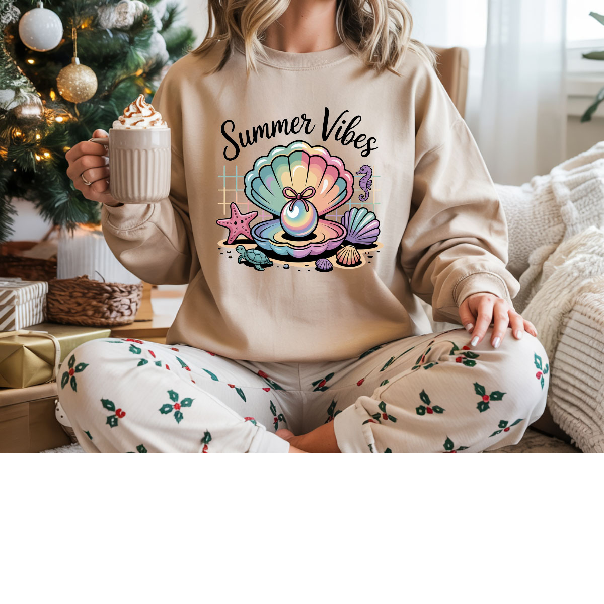 Summer Vibes Seashell Graphic Tee – Pastel Beach Aesthetic Shirt for Women