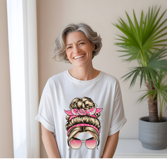 Messy Bun Pink Bandana Graphic Tee – Trendy Mom Life Shirt