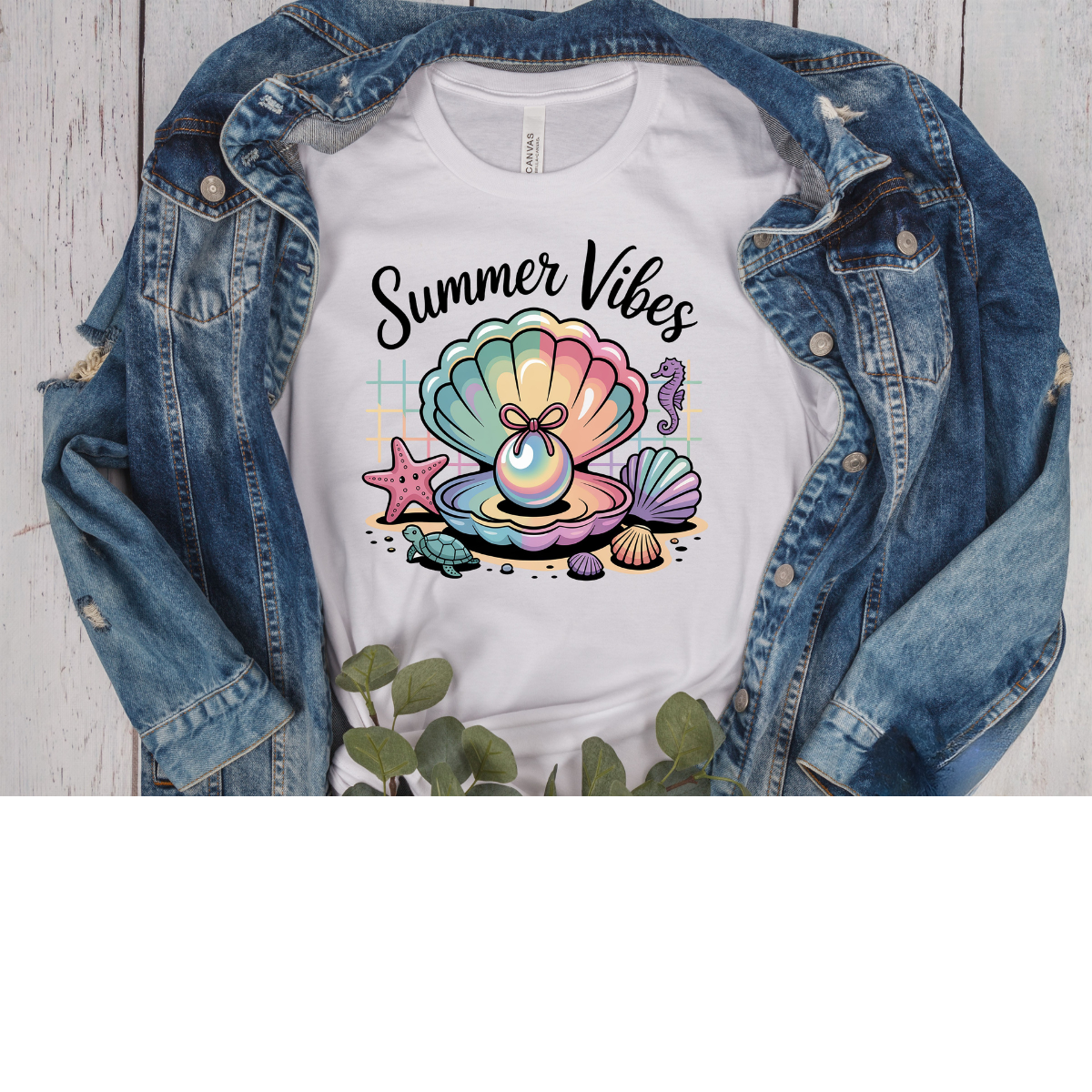 Summer Vibes Seashell Graphic Tee – Pastel Beach Aesthetic Shirt for Women