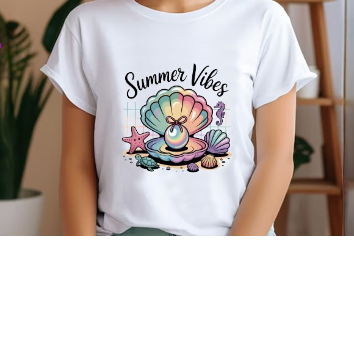 Summer Vibes Seashell Graphic Tee – Pastel Beach Aesthetic Shirt for Women