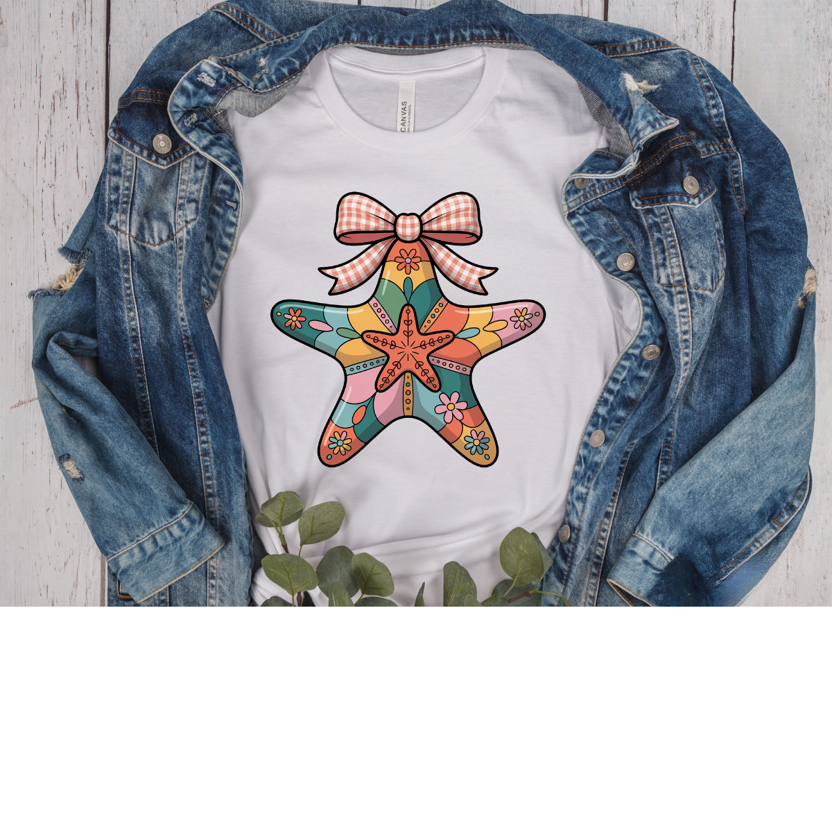 Retro Coastal Starfish Bow Graphic Tee – Beachy Boho Summer Shirt