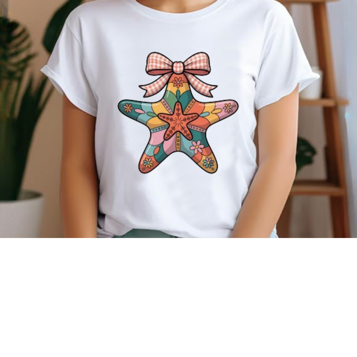 Retro Coastal Starfish Bow Graphic Tee – Beachy Boho Summer Shirt