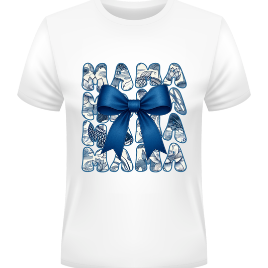 Blue Floral Mama Graphic Tee – Elegant Bow Mom Shirt