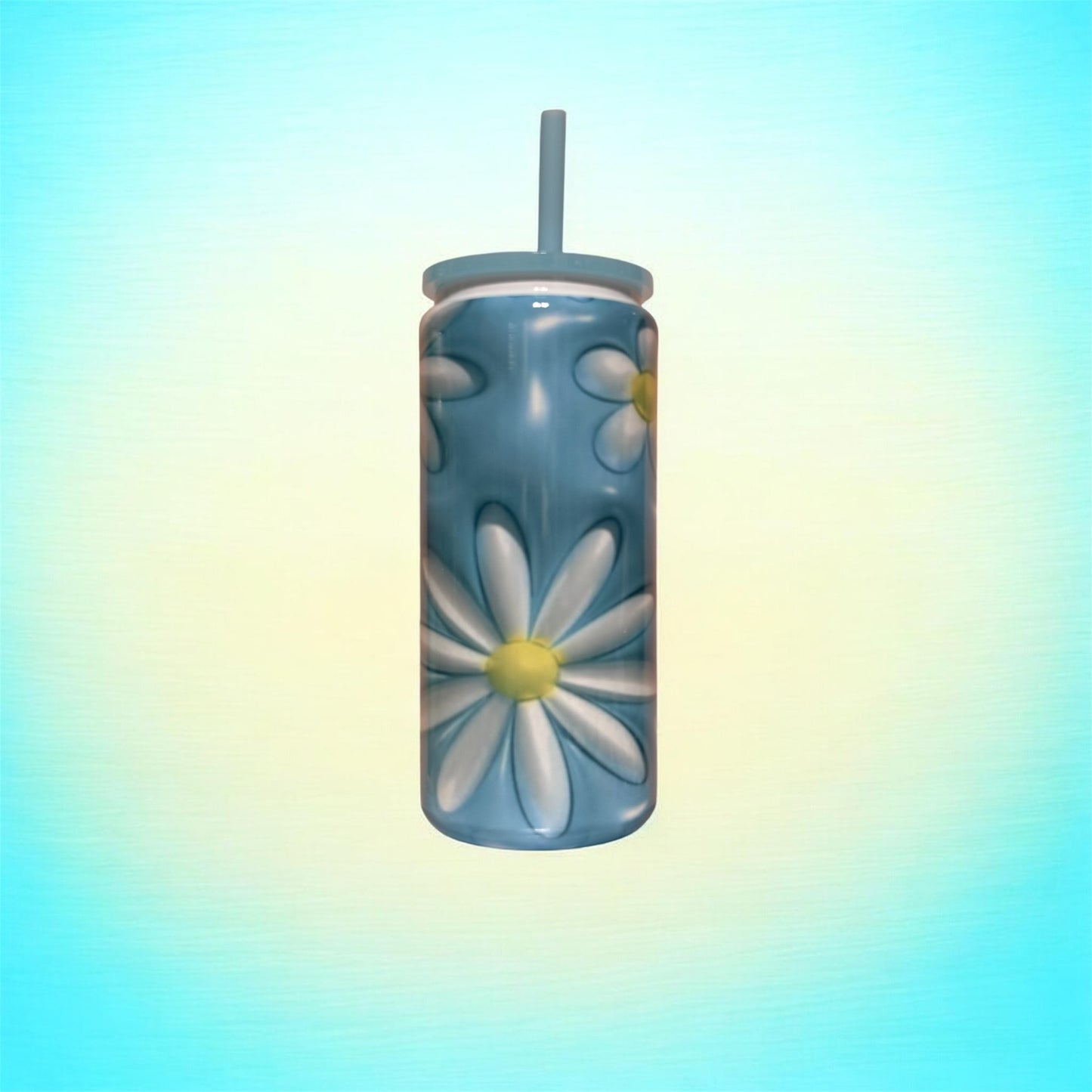 Blue Daisy Beer Can Stainless Steel – 20 oz Floral Aesthetic Tumbler with Lid & Straw