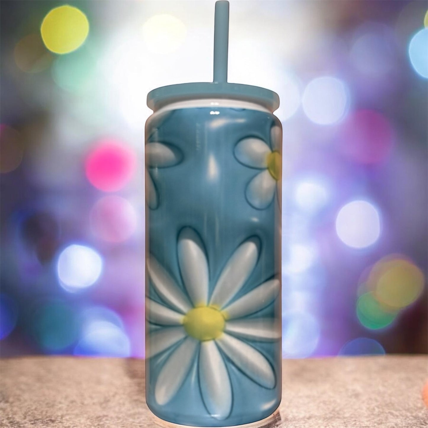 Blue Daisy Beer Can Stainless Steel – 20 oz Floral Aesthetic Tumbler with Lid & Straw
