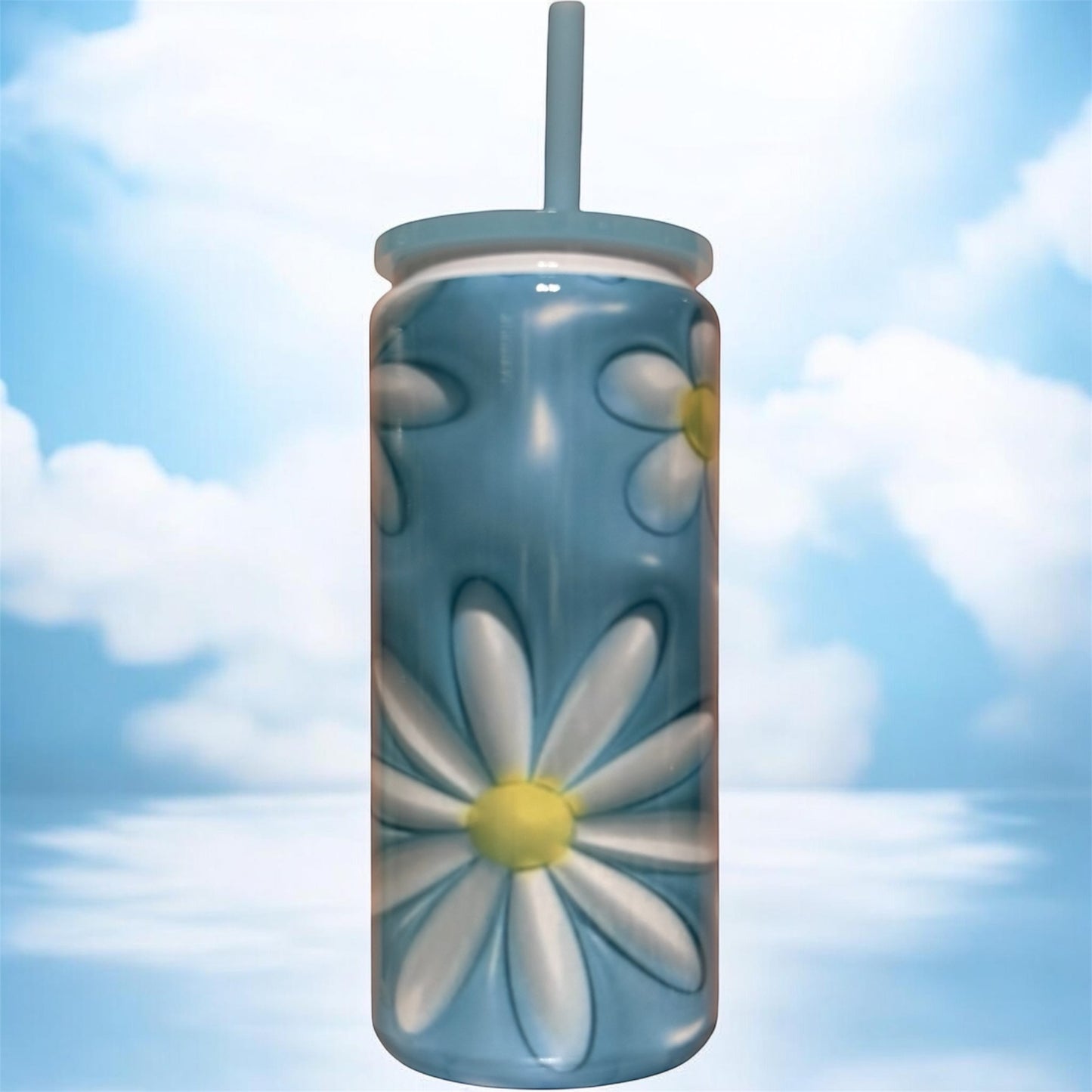 Blue Daisy Beer Can Stainless Steel – 20 oz Floral Aesthetic Tumbler with Lid & Straw