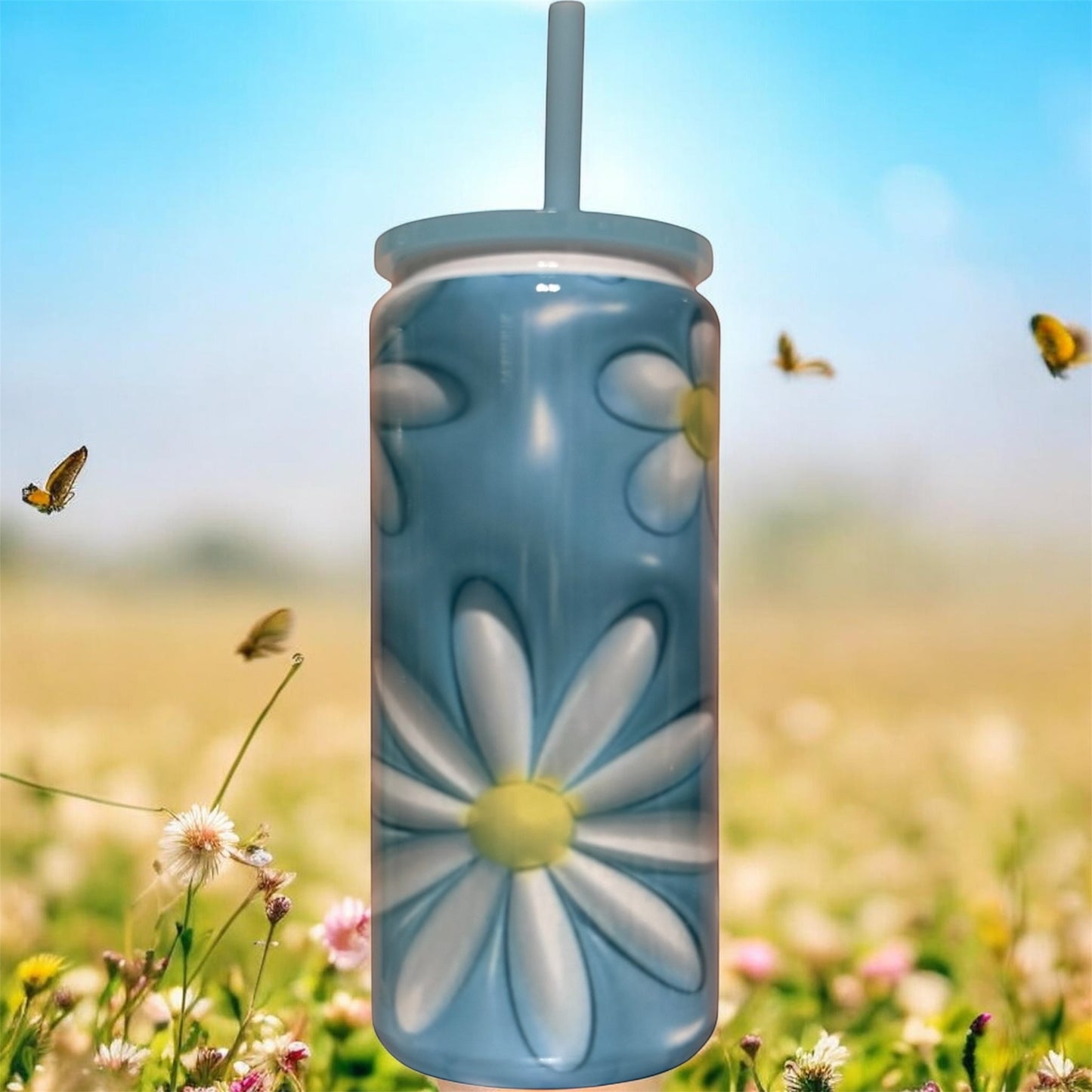 Blue Daisy Beer Can Stainless Steel – 20 oz Floral Aesthetic Tumbler with Lid & Straw