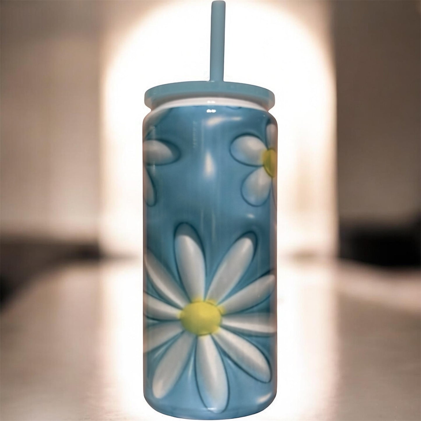 Blue Daisy Beer Can Stainless Steel – 20 oz Floral Aesthetic Tumbler with Lid & Straw