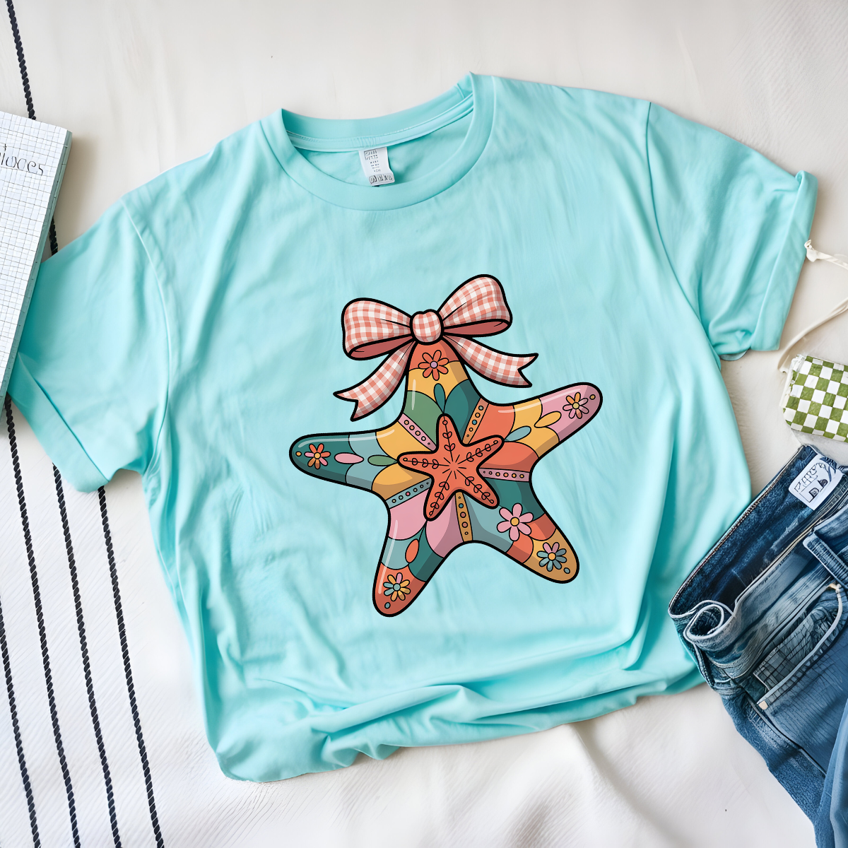 Retro Coastal Starfish Bow Graphic Tee – Beachy Boho Summer Shirt