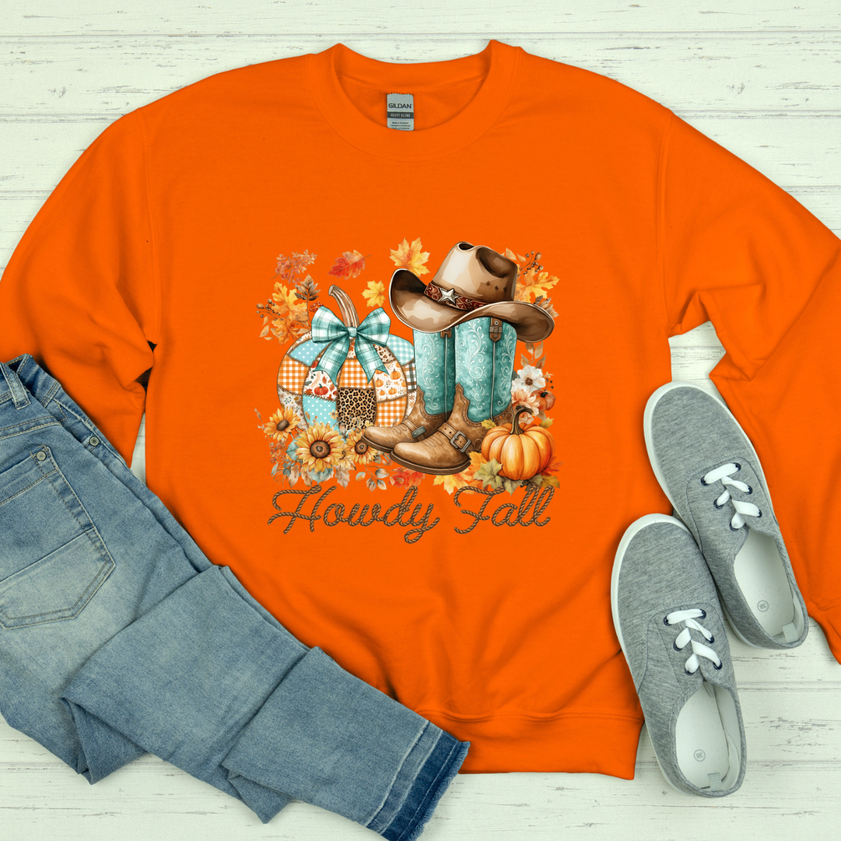 Howdy Fall T-Shirt – Western Cowgirl Boots, Cowboy Hat & Pumpkin Graphic Tee – Cute Autumn Country Shirt for Women