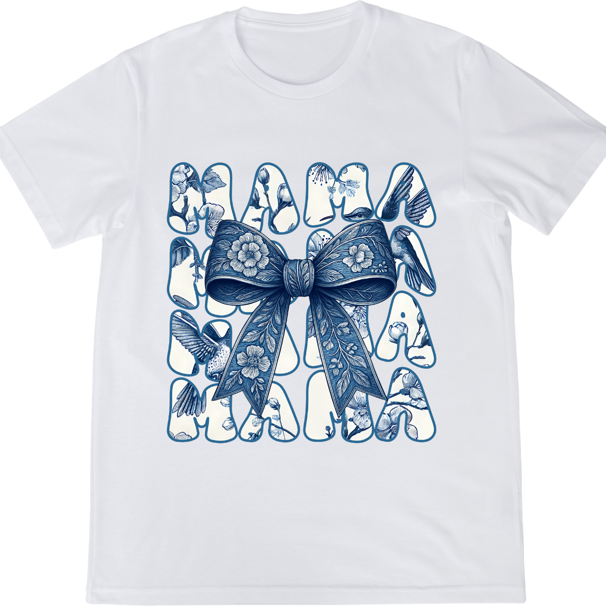 Blue Floral Mama Graphic Tee – Elegant Bow Mom Shirt