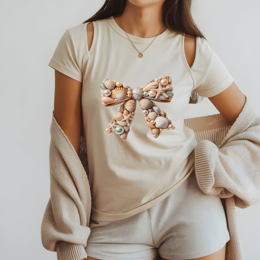 Coastal Seashell Bow Graphic Tee – Beachy Summer Aesthetic Shirt