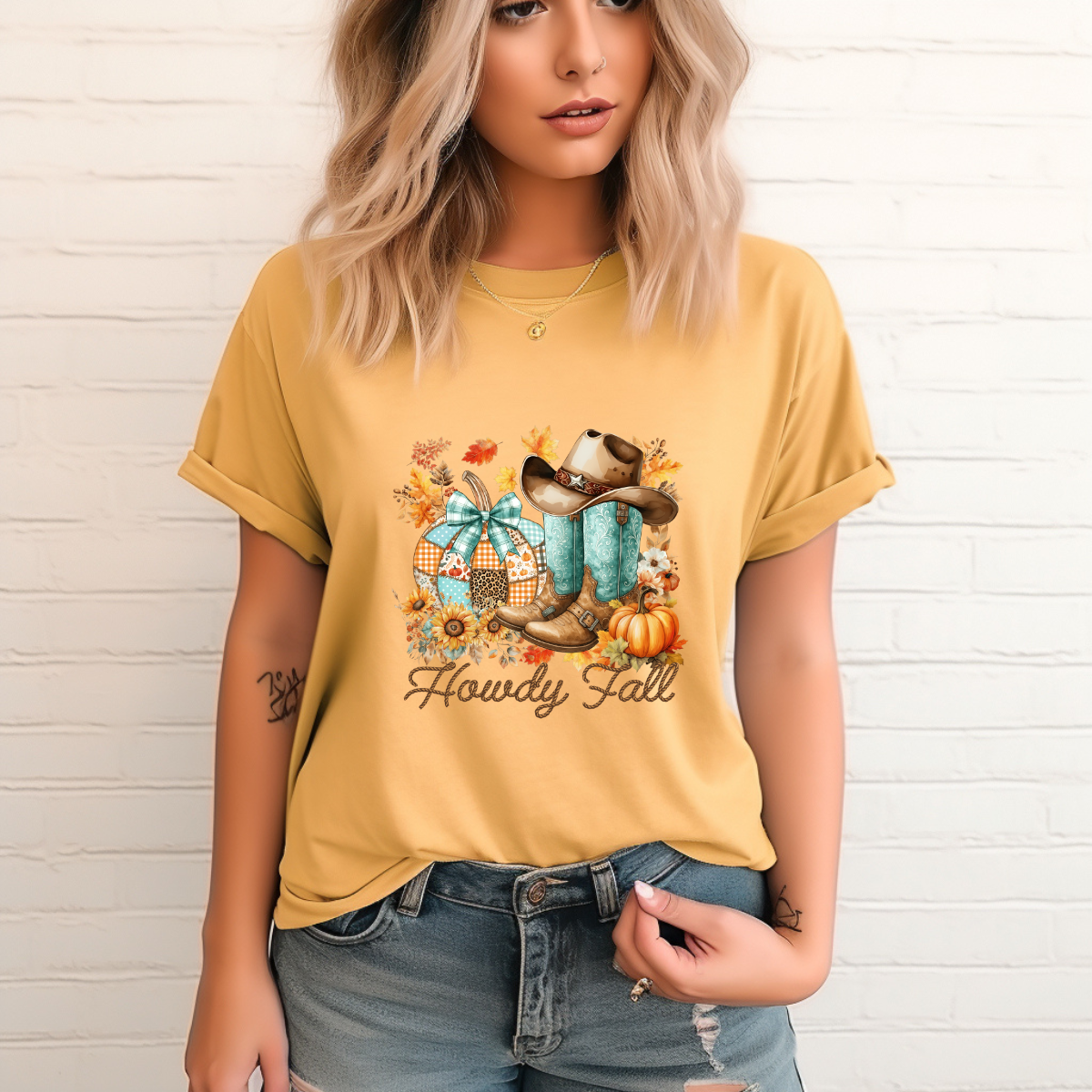 Howdy Fall T-Shirt – Western Cowgirl Boots, Cowboy Hat & Pumpkin Graphic Tee – Cute Autumn Country Shirt for Women