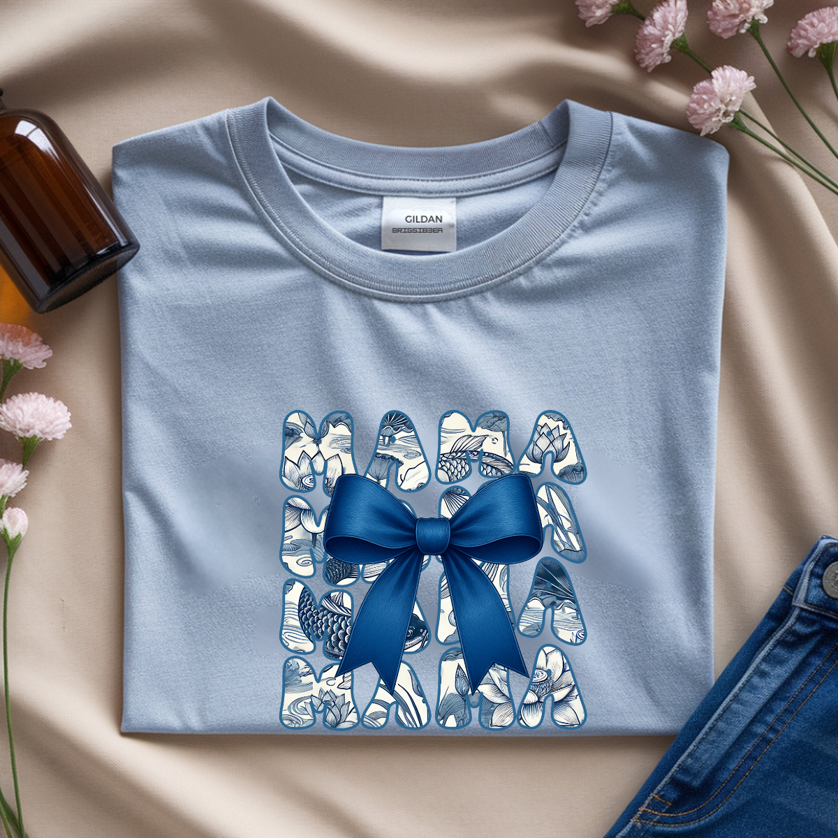 Blue Floral Mama Graphic Tee – Elegant Bow Mom Shirt