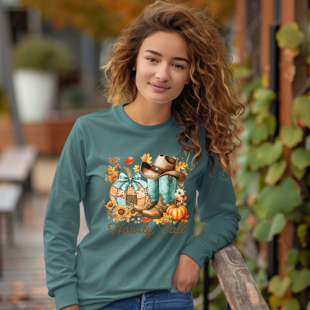 Howdy Fall T-Shirt – Western Cowgirl Boots, Cowboy Hat & Pumpkin Graphic Tee – Cute Autumn Country Shirt for Women