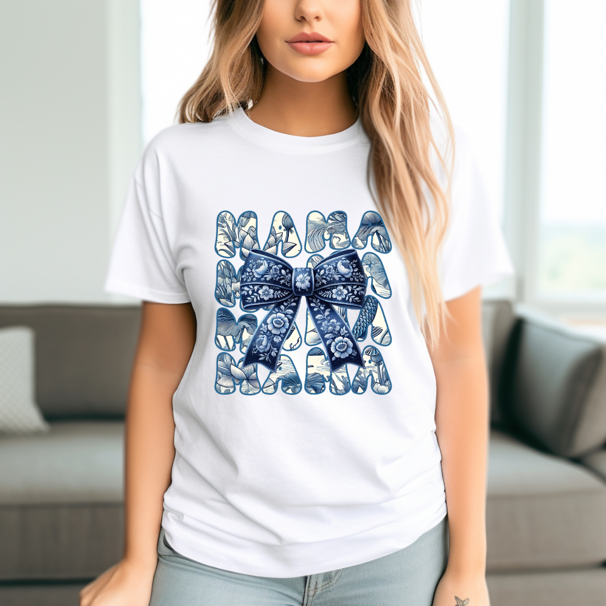 Blue Floral Mama Graphic Tee – Elegant Bow Mom Shirt