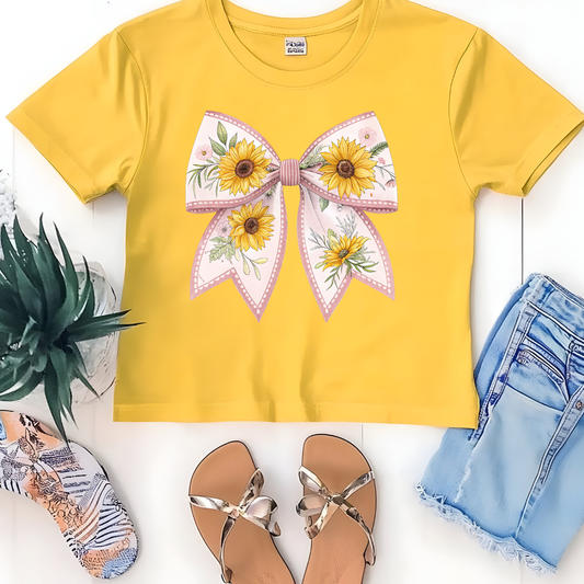 Sunflower Floral Bow Graphic Tee – Cute Cottagecore Summer Shirt