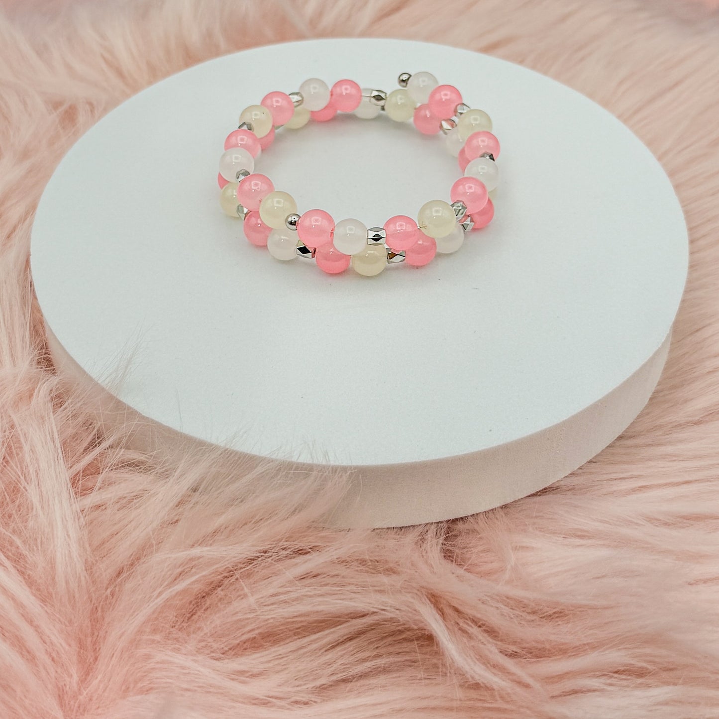 Pink & White Beaded Coil Bracelet - Elegant & Versatile