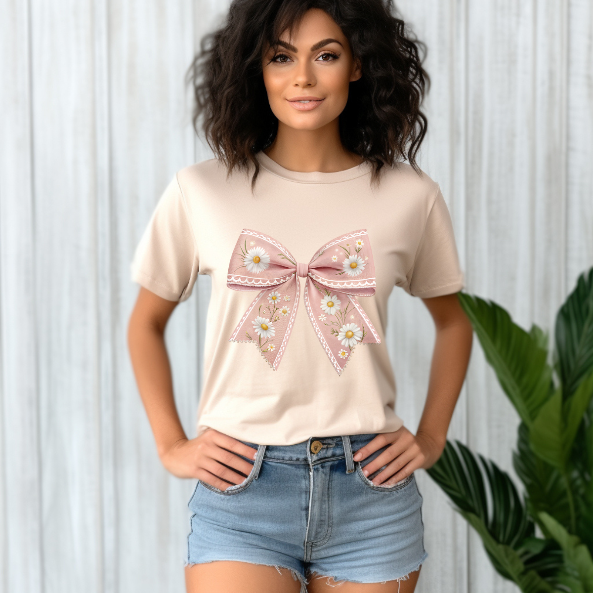 Pink Daisy Bow Graphic Tee – Cute Feminine Floral Shirt for Women