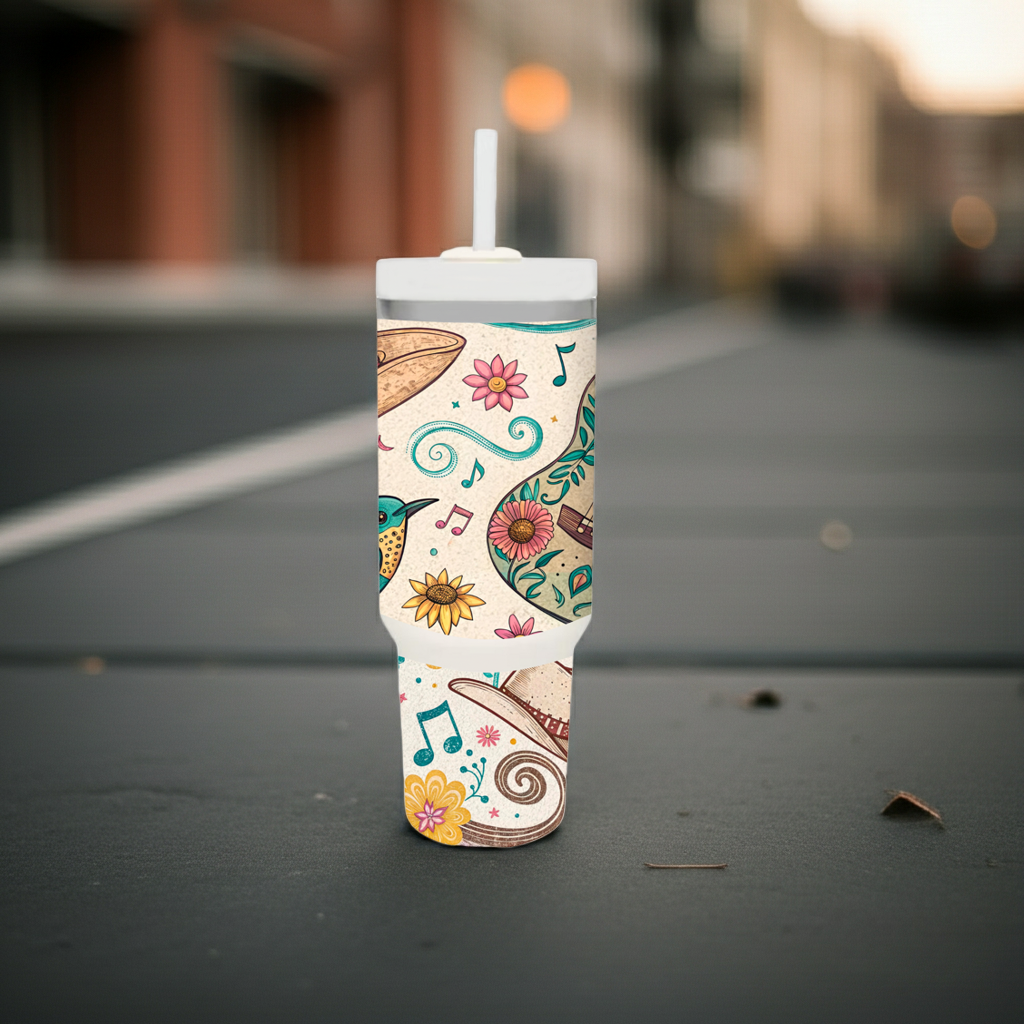 Whimsical Floral & Music Tumbler with Straw – Joy in Every Sip