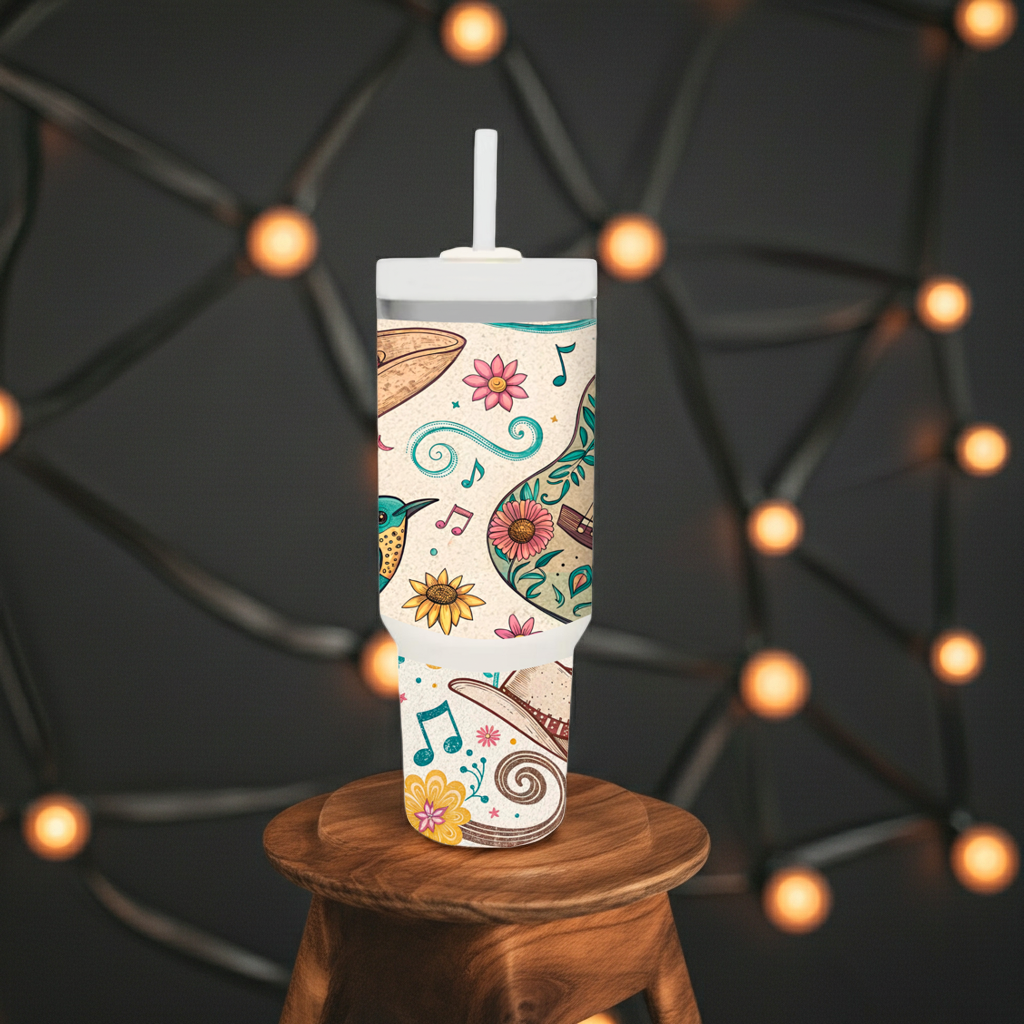 Whimsical Floral & Music Tumbler with Straw – Joy in Every Sip