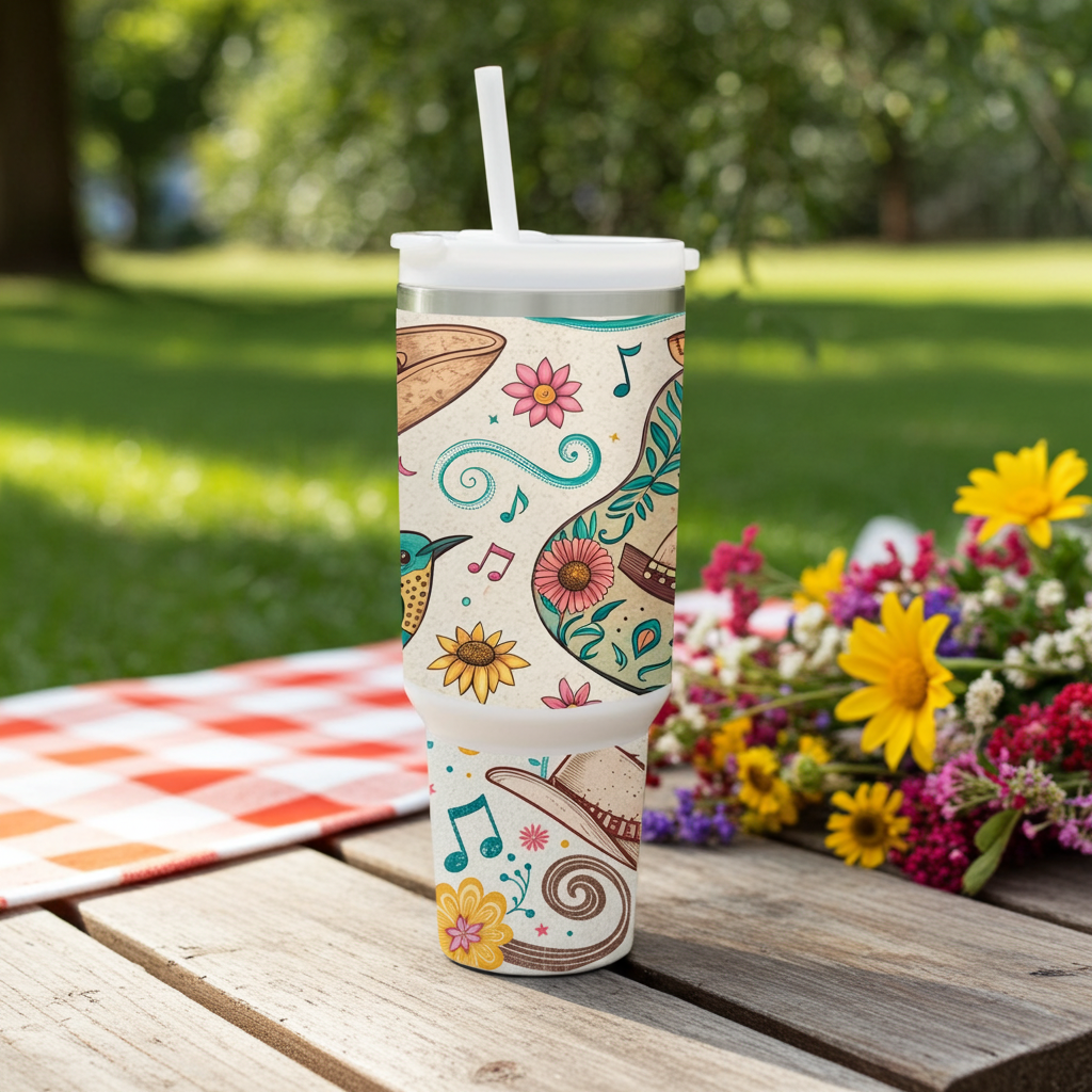Whimsical Floral & Music Tumbler with Straw – Joy in Every Sip