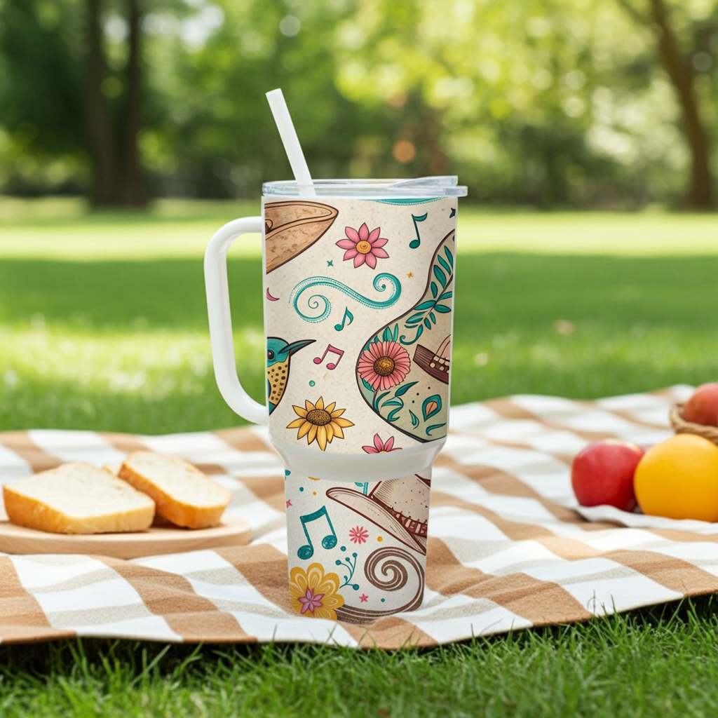 Whimsical Floral & Music Tumbler with Straw – Joy in Every Sip