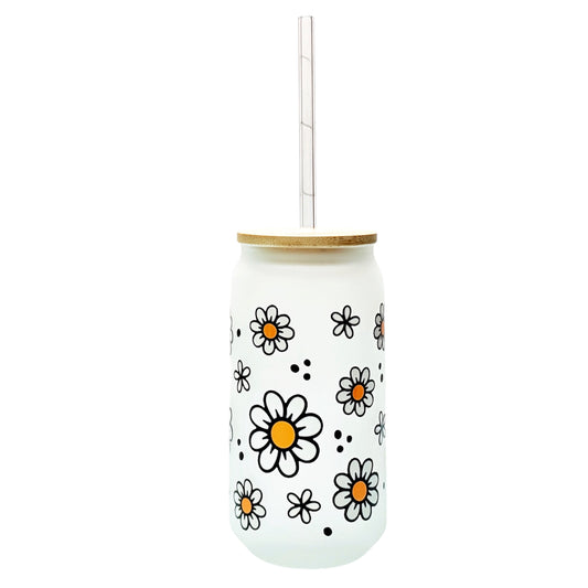 🌼✨ Frosted Glass Can Cup with Daisy Design – 16oz ✨🌼