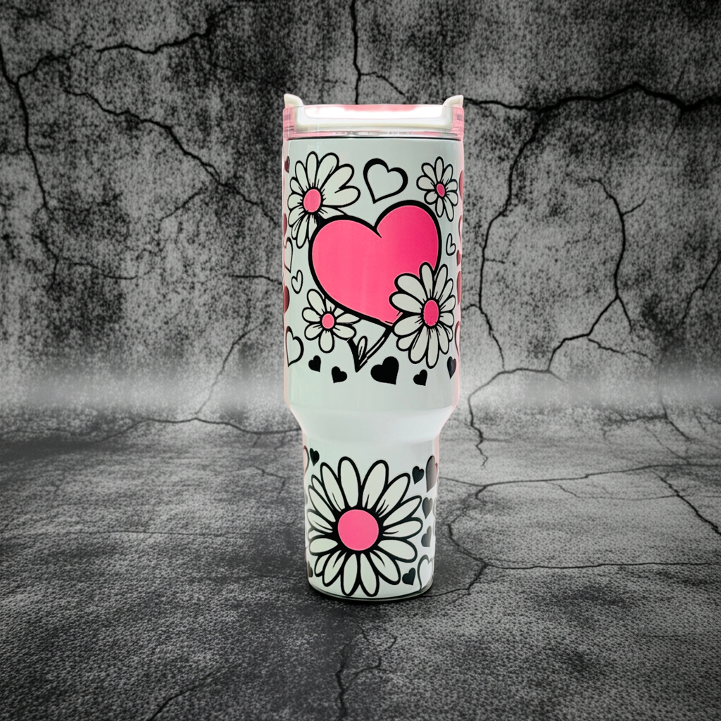 40oz Stainless Steel Tumbler with Handle – UVDTF Wrap with Black, White & Pink Heart and Flowers