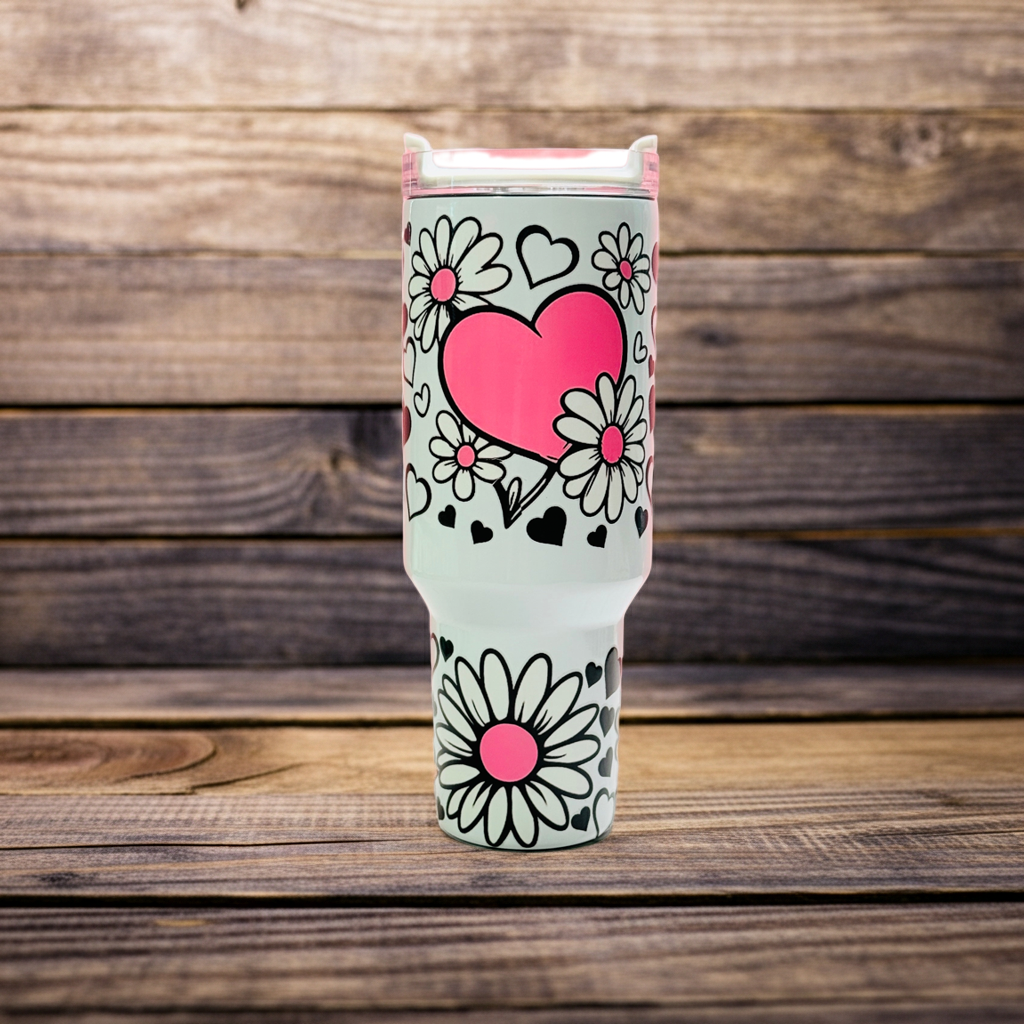 40oz Stainless Steel Tumbler with Handle – UVDTF Wrap with Black, White & Pink Heart and Flowers