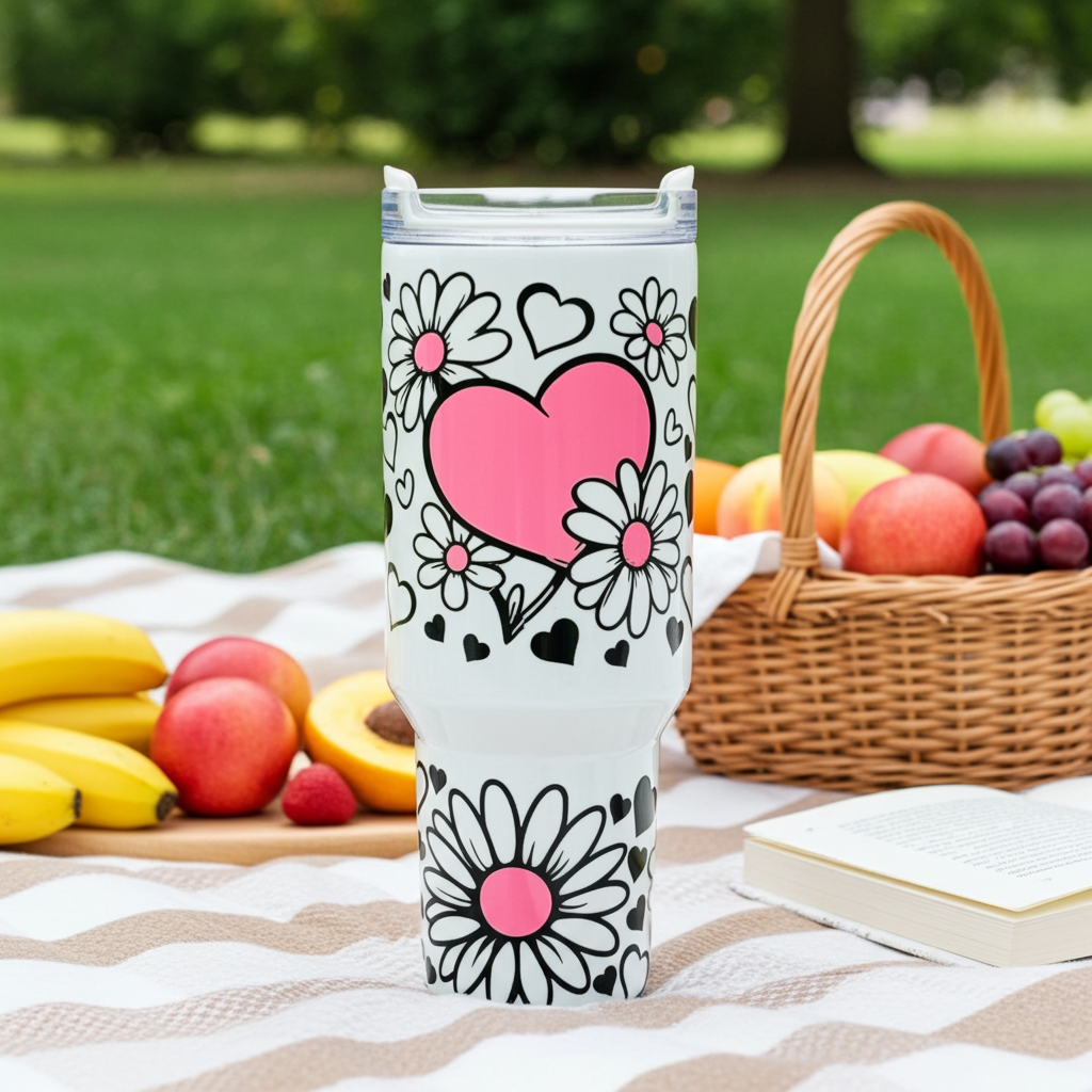 40oz Stainless Steel Tumbler with Handle – UVDTF Wrap with Black, White & Pink Heart and Flowers