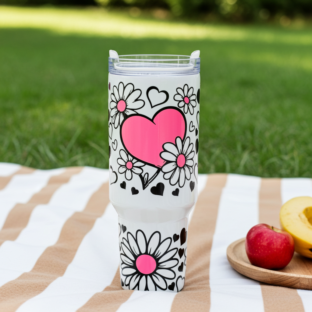 40oz Stainless Steel Tumbler with Handle – UVDTF Wrap with Black, White & Pink Heart and Flowers