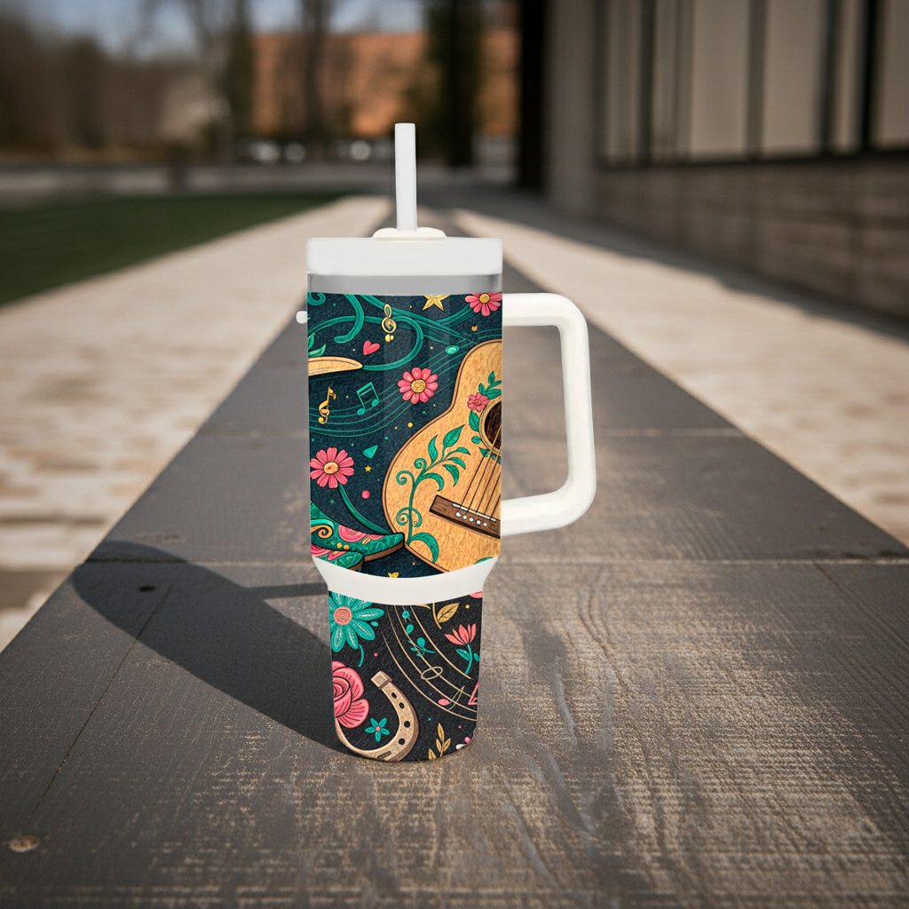 Floral Guitar Music Tumbler with Handle – Where Music Blooms