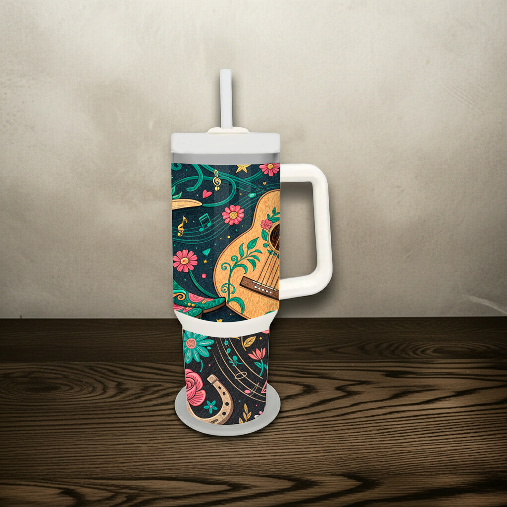 Floral Guitar Music Tumbler with Handle – Where Music Blooms