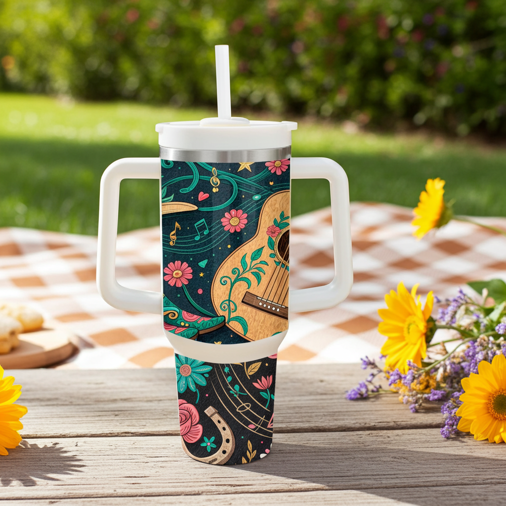 Floral Guitar Music Tumbler with Handle – Where Music Blooms